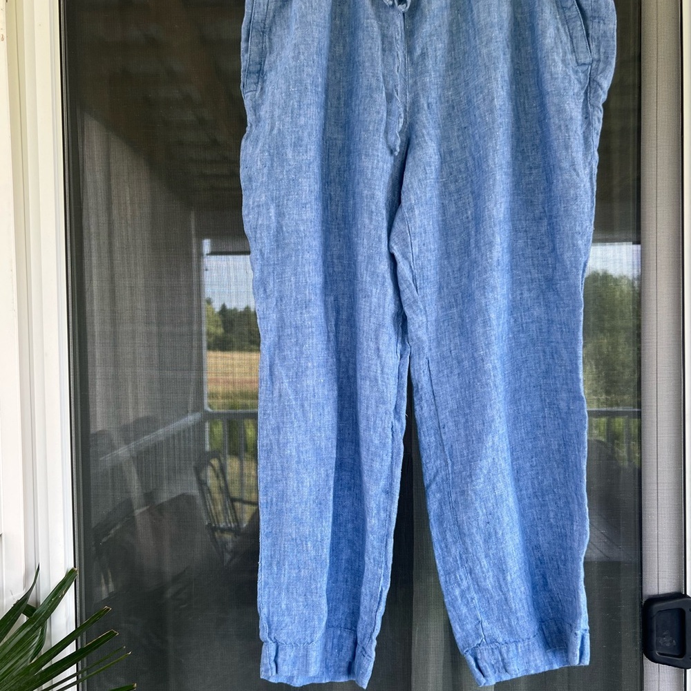 Light Blue Linen Blend Women's Drawstring Pants